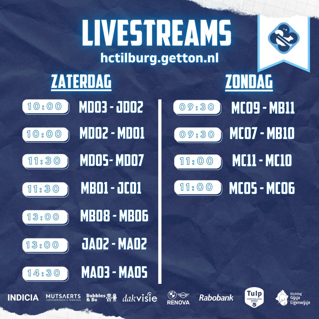 𝗟𝗜𝗩𝗘𝗦𝗧𝗥𝗘𝗔𝗠𝗦 - 𝗭𝗔𝗧𝗘𝗥𝗗𝗔𝗚 𝟭𝟰 &amp; 𝗭𝗢𝗡𝗗𝗔𝗚 𝟭𝟱 𝗡𝗢𝗩𝗘𝗠𝗕𝗘𝗥🏑

Aankomend weekend wordt er weer volop ge-livestreamd! De onderstaande wedstrijden zijn te zien via hctilburg.getton.nl. 

Veel kijkplezier!