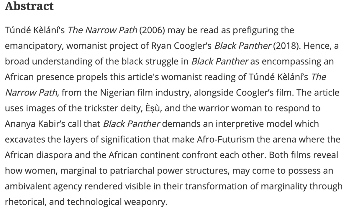 New article alert. What does Tunde Kelani’s ( @tkelani) “Narrow Path” have in common with Coogler’s “Black Panther”?In “Tricksters and female warriors: womanist interweavings from Oríta to Wakanda”, James Yeku ( @james_yeku) examines this and more.  https://www.tandfonline.com/doi/full/10.1080/21674736.2020.1815965