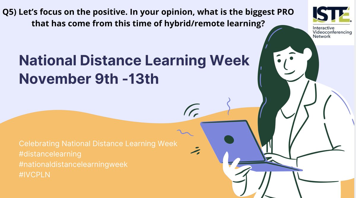 IVCPLN's tweet photo. Happy #NationalDistanceLearningWeek and TGIF, please, join our slow chat: Q5) Let’s focus on the positive. In your opinion, what is the biggest PRO that has come from this time of hybrid/remote learning? #distancelearning #remotelearning @iste #IVCPLN @IVCPLN @tmoehring
#isteivc https://t.co/pcz9DhF1Cp