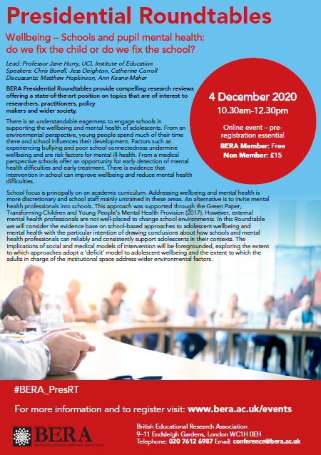 4th Dec BERA President Roundtable Seminar Series: Wellbeing–Schools and pupil mental health: do we fix the child or do we fix the school?" with Jane Hurry <a href="/Jess_Deighton/">Jess</a> <a href="/bonell_chris/">Chris Bonell</a> Matthew Hopkinson <a href="/Dominic_Wyse/">Dominic Wyse</a> Ann Keane-Maher and @ErnestBevinColl
bera.ac.uk/event/presiden…