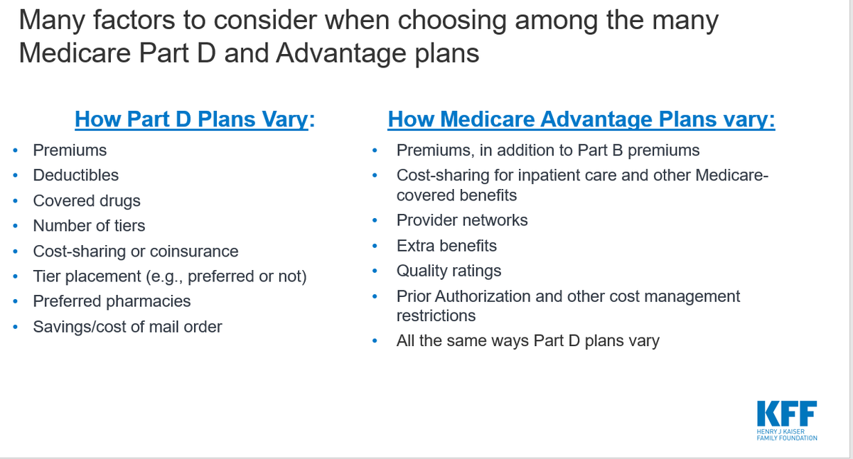Ideally, during  #MedicareOE, people on Medicare compare the various features of plans that can affect their out-of-pocket costs (not just premiums), access to specific medications, provider networks & other factors.This can matter. Plans can change from one year to the next.