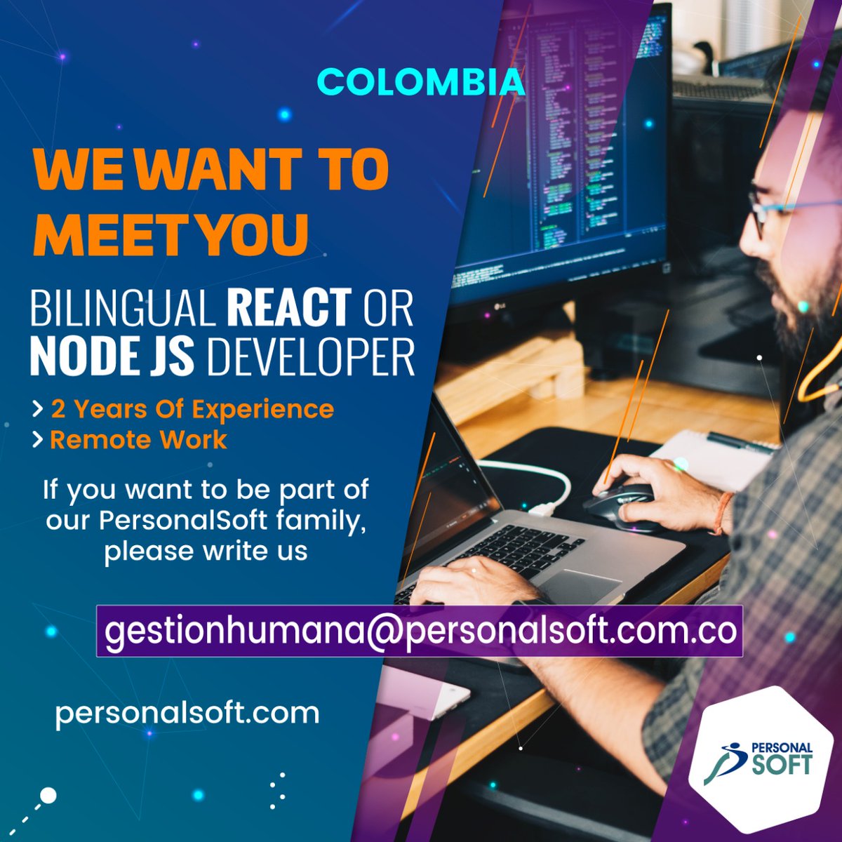 Personal_Soft's tweet photo. #HappyFriday
MAKE A CHANGE IN YOUR CAREER
📍Flexible Hours ◾ Collaborative Culture ◾Training
👉 Share 🔹Apply 🔹 Refer
#Opportunity2020 #PSFamily #Developers #Colombia #ReactJS #NodeJS #RemoteWork https://t.co/kmsYcUGfyt