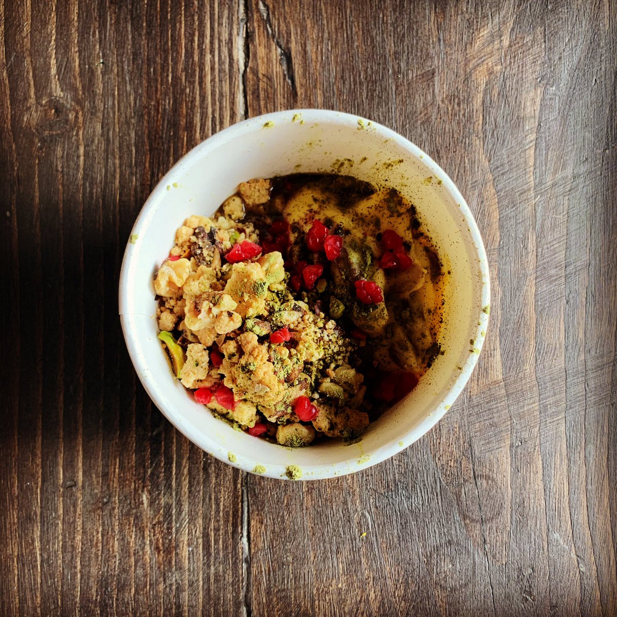 yellowwarbler1's tweet photo. In honour of the new Masterchef series... Apple, Cinnamon, Pistachio &amp; Walnut Crumble with a Lemongrass-infused Custard. ‘And a wee bit of the Chinese tea on top’, according to Paul, our Scottish chef https://t.co/tWls0M0jzH