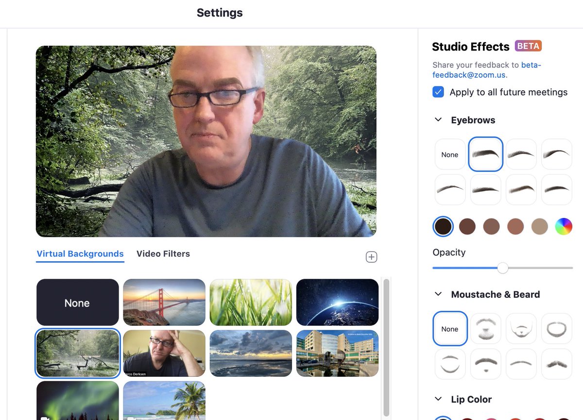 marcoderksen's tweet photo. Valt me nu pas op, de studio effects in Zoom. Kan zijn dat ik zo een snor heb! ;) #zoom #studioeffects https://t.co/EIDzqWGLP4