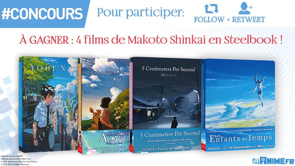 alltheanime_fr's tweet photo. ✨ CONCOURS
🔴  Néophytes ou fans de la première heure de M. Shinkai, nous vous proposons de (re)découvrir 4 films du réalisateur en Steelbook! 

Tentez de remporter un lot de 4 Steelbook: #YourName, #5cmpersecond, #VoyageversAgartha &amp; #LesEnfantsduTemps

Follow &amp; RT 
TAS:  17/11 https://t.co/UQBGUP9Jvh