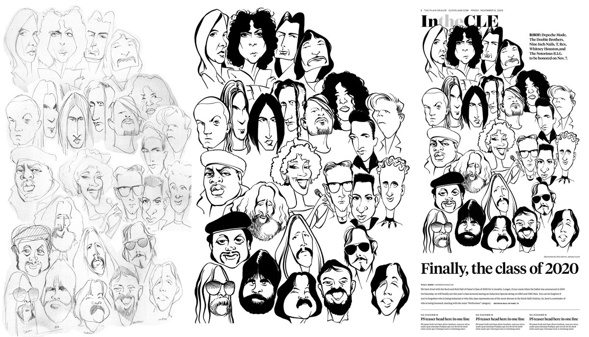 SND's tweet photo. Check out #RockHall2020 work from @SND friend/member/ illustrator @camorris.  Chris takes us from pencil to ink to the page designed by Kimberly Worner in @advanceprintlab &amp; @ThePlainDealer last week. Full thread: https://t.co/9jEL7TKZKl  

#FeaturesDesign #illustration https://t.co/tV9kIr2YVE