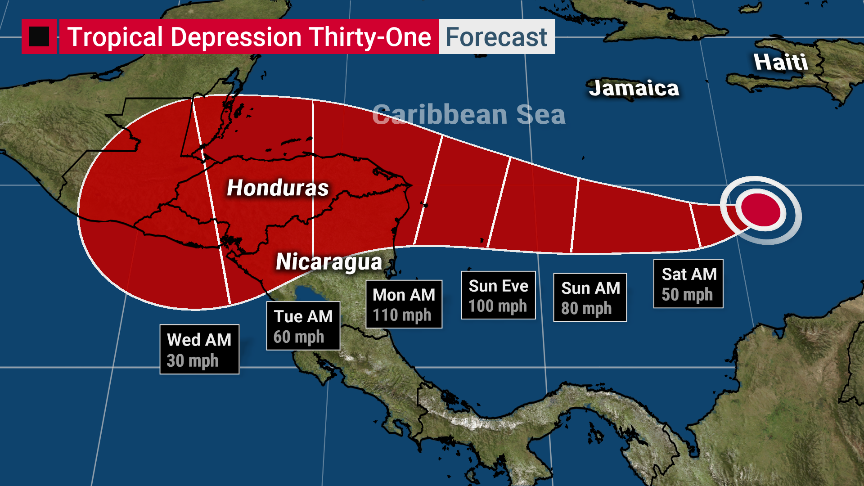weatherchannel's tweet photo. BREAKING: Tropical Depression 31 has been designated, forecast become record-breaking Hurricane #Iota. 

Unfortunately, it has its sights set on Central America, which was just devastated by #Eta. https://t.co/GOJkVkTpCZ