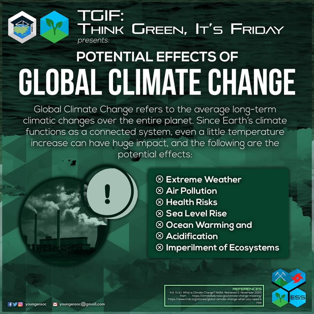 YESS Earth Academy: Think Green, It's Friday presents:  

Potential Effects of Climate Change

Visit our FB page for more info:
shorturl.at/foDV1

#YESS
#TGIF
#EarthAcademy