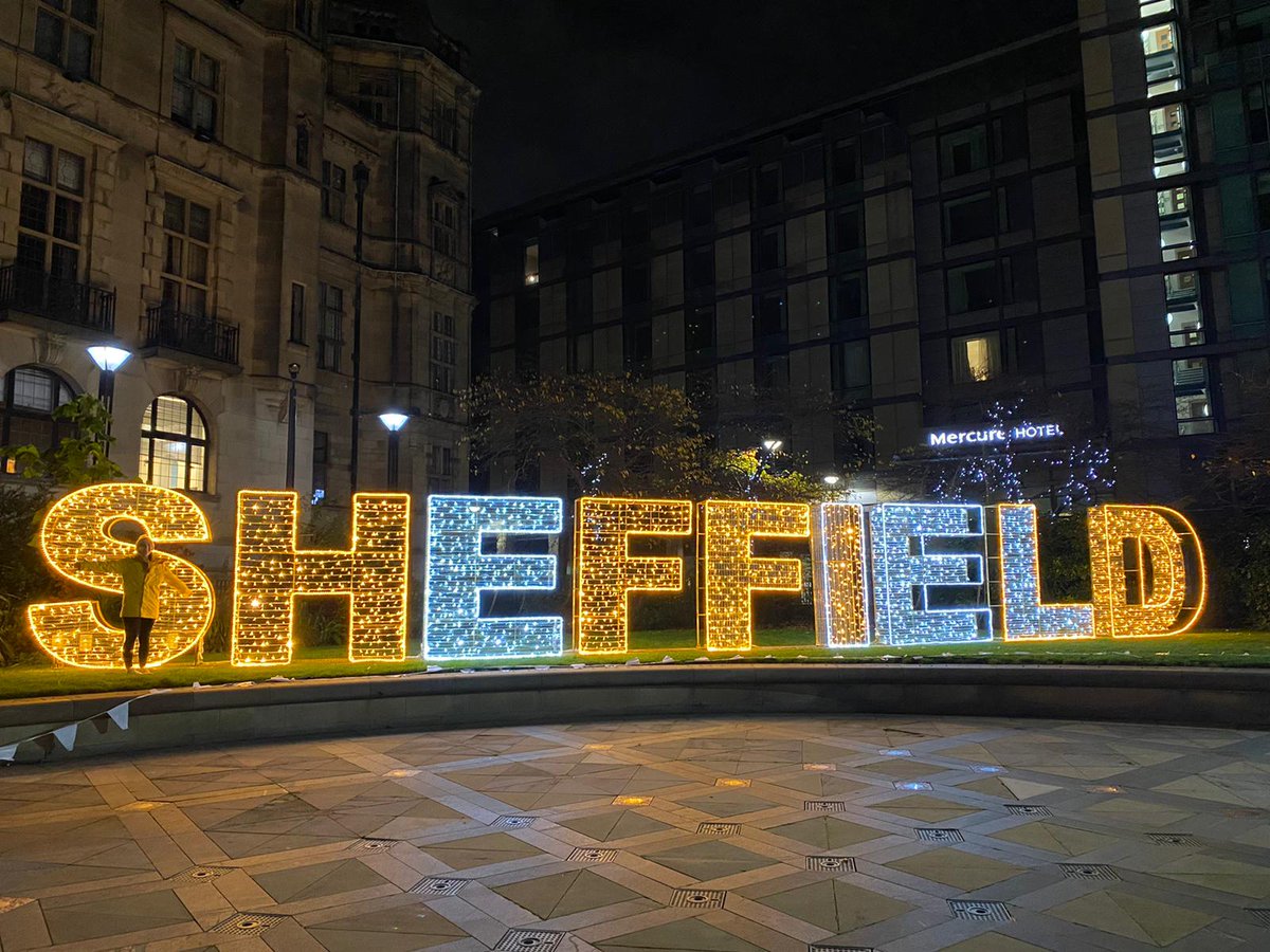SheffChildrens's tweet photo. The Sheffield City Christmas lights are on! ✨

Thank you so much to our supporters who have sponsored snowflakes in Sheffield City Centre this year. 

The lights were turned on last night for a precorded switch on. Don't they look amazing!! @SheffCouncil 💙❄️ https://t.co/1YPLBUctTC