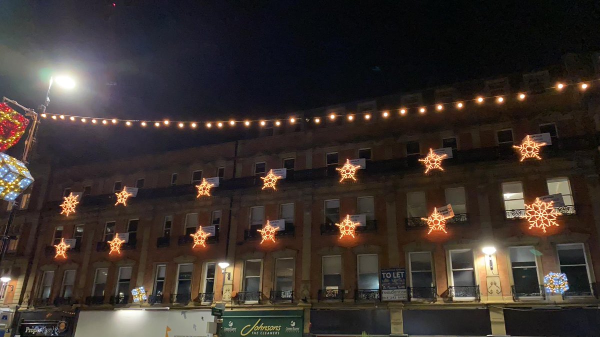 SheffChildrens's tweet photo. The Sheffield City Christmas lights are on! ✨

Thank you so much to our supporters who have sponsored snowflakes in Sheffield City Centre this year. 

The lights were turned on last night for a precorded switch on. Don't they look amazing!! @SheffCouncil 💙❄️ https://t.co/1YPLBUctTC