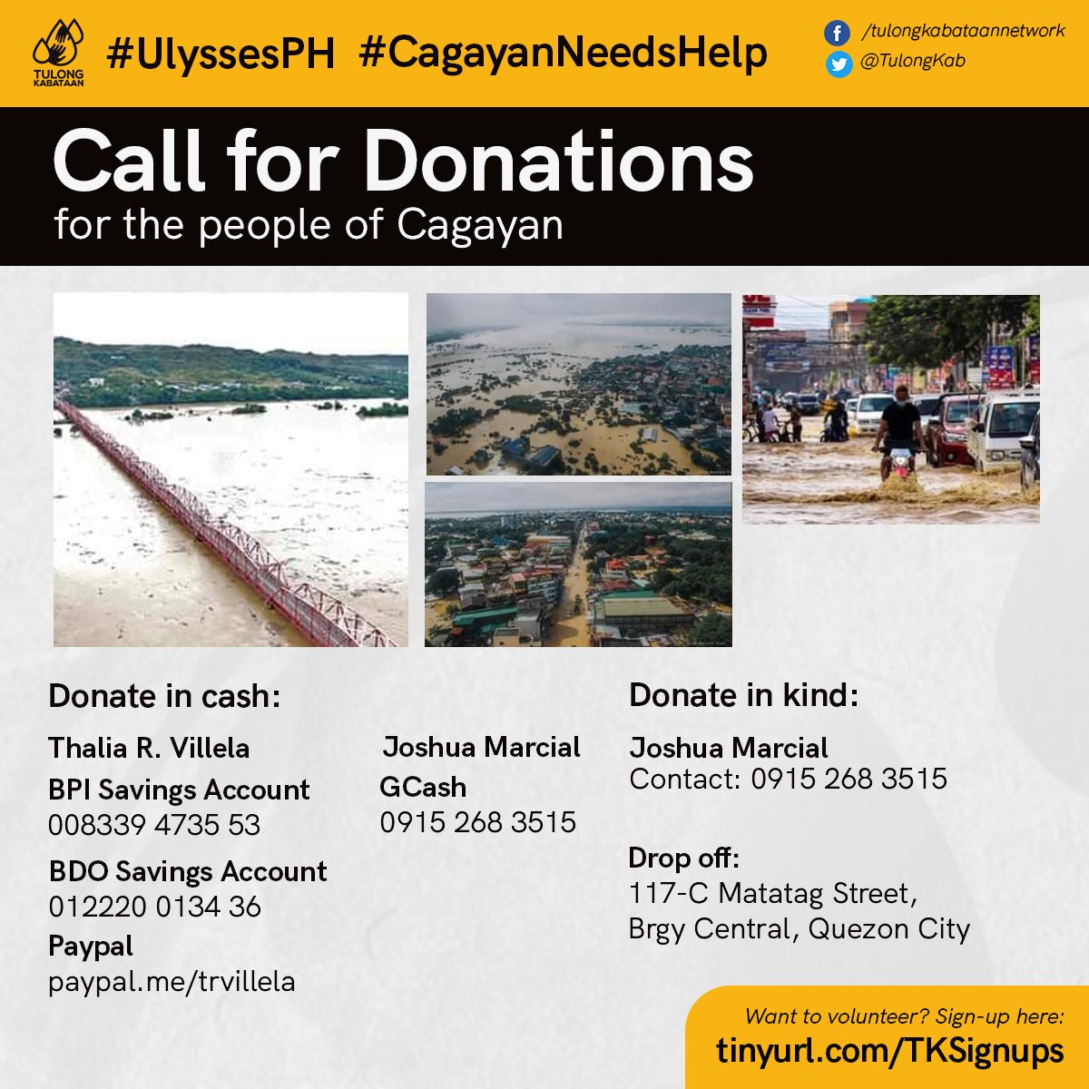 TulongKabataan_'s tweet photo. CALL FOR DONATIONS FOR THE PEOPLE OF CAGAYAN!

Up to this hour, Cagayan is still submerged in floodwater. 
Let's donate and spread the word of what's happening in Cagayan! https://t.co/dx6A2ftPC8