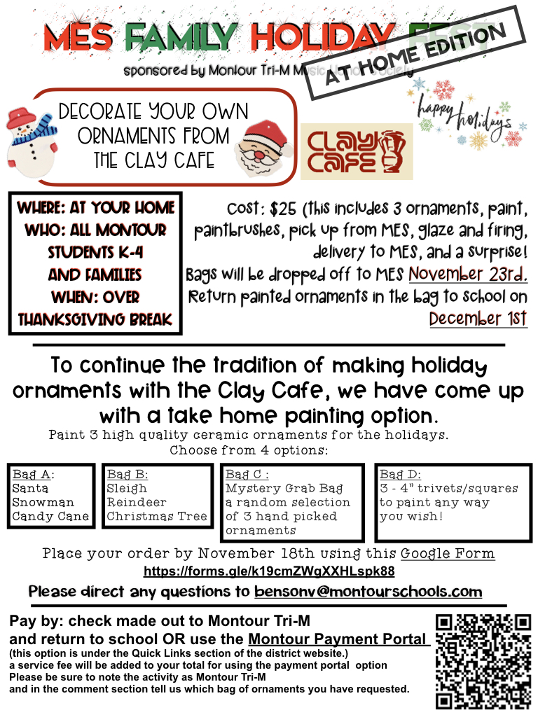 Our MES Annual Holiday Family Fun Fest is happening AT HOME this year.🎄 Order your ornaments online and paint at home! <a href="/CarlisleMSD/">Rob Carlisle, Ed.D</a> <a href="/jasonshoafmsd/">Jason Shoaf</a> <a href="/MontourSD/">Montour School District</a> #MontourProud #wereinthistogether #HappyHolidays