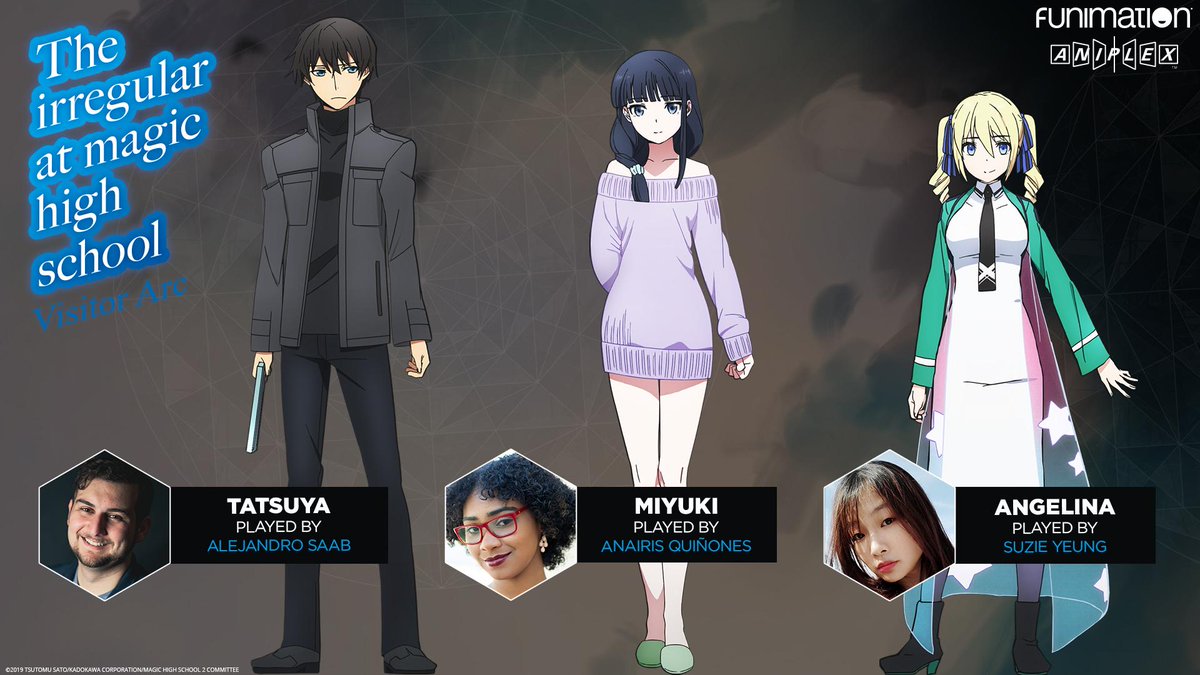 Funimation's tweet photo. A new transfer student has arrived at First High School!  😱

The Irregular at Magic High School: Visitor Arc premieres dubbed tomorrow!

🔵 Tatsuya - @KaggyFilms
🔵 Miyuki - @anairis_q
🔵 Angelina - @SuzieYeung

Find out more: https://t.co/OUAMdqjv5z @aniplexusa https://t.co/p3ZFUyxcAL