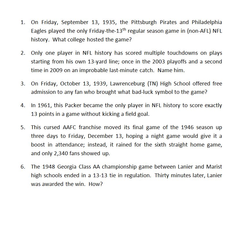 Quirky Research On Twitter Thirteen Football Trivia Questions For A Friday The 13th