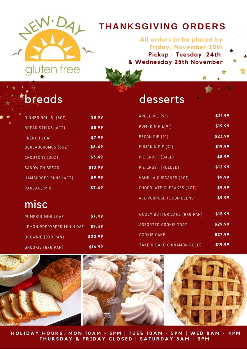 ✨*THANKSGIVING ORDERS*✨
Thanksgiving is almost here! 😍
To ensure you get your gluten free goodies, place your order by Friday, November 20th.🥳
Call 314-833-5180 to place your order.
#thanksgiving2020 #newdaygf