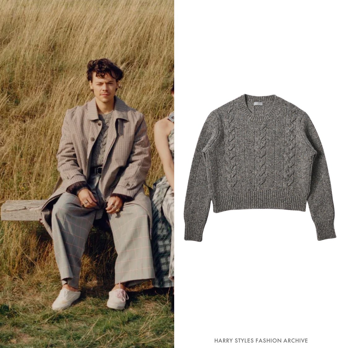 Harry wore a Margaret Howell cable sweatshirt in mid grey soft