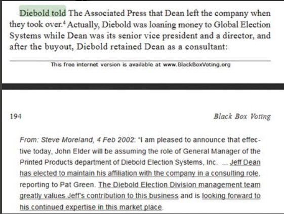Dean’s court file, which included internal Diebold memos showing that Dean remained as a Diebold consultant. Dean “wrote & maintained…code used to count hundreds of thousands of votes.”  https://www.wired.com/2003/12/con-job-at-diebold-subsidiary/ … …