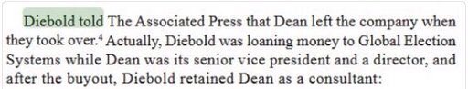 Here is an excerpt from Dean’s sentencing document, also obtained by Beverly Harris.￼￼Diebold told the AP that Dean left the company in 2002.  http://blackboxvoting.org/bbv_chapter-14.pdf … … …