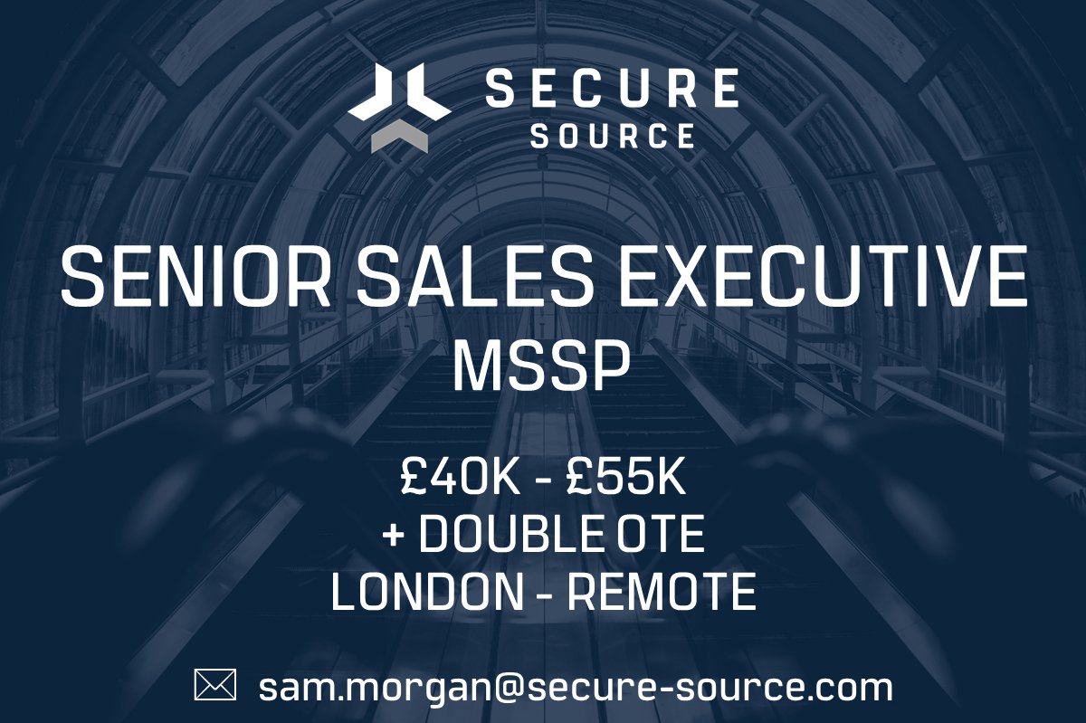 securesource1's tweet photo. Secure Source is recruiting for a Senior Sales Executive MSSP role.

Salary: £40,000 - £55,000 + Double OTE
Location: London - Remote

Contact our Senior Sales Recruiter Sam Morgan.

sam.morgan@secure-source.com

#salesexecutive #salesjobs #nowhiring #jobopening #applynow https://t.co/dvYixTTOpI