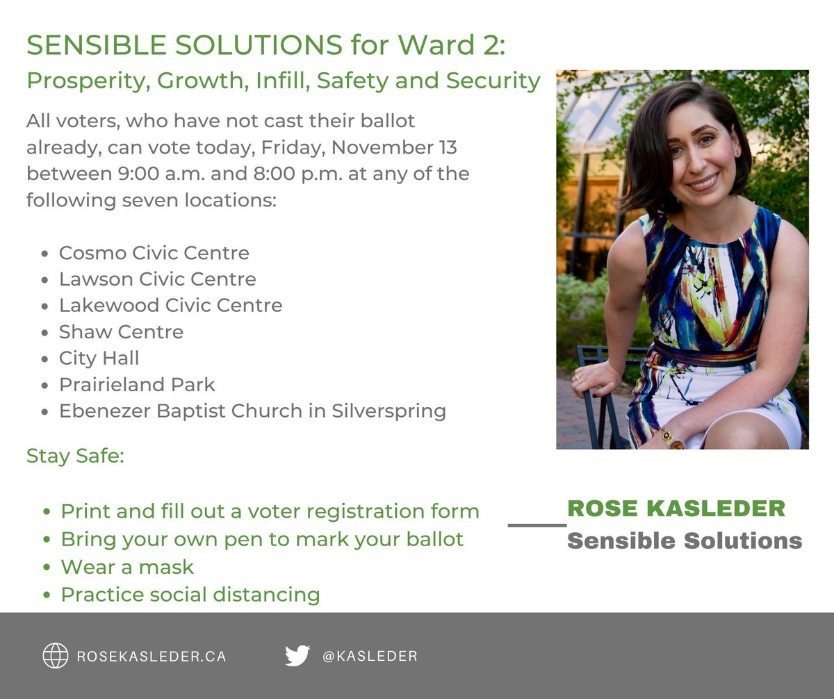 Kasleder's tweet photo. Voters can cast a ballot today 9:00 a.m. to 8:00 p.m. at seven polling locations. Voter registration forms can be accessed: https://t.co/QKBQadXm7F #yxe #saskatoon #yxevotes #yxecc #skpoli https://t.co/MOq3IUbhiZ