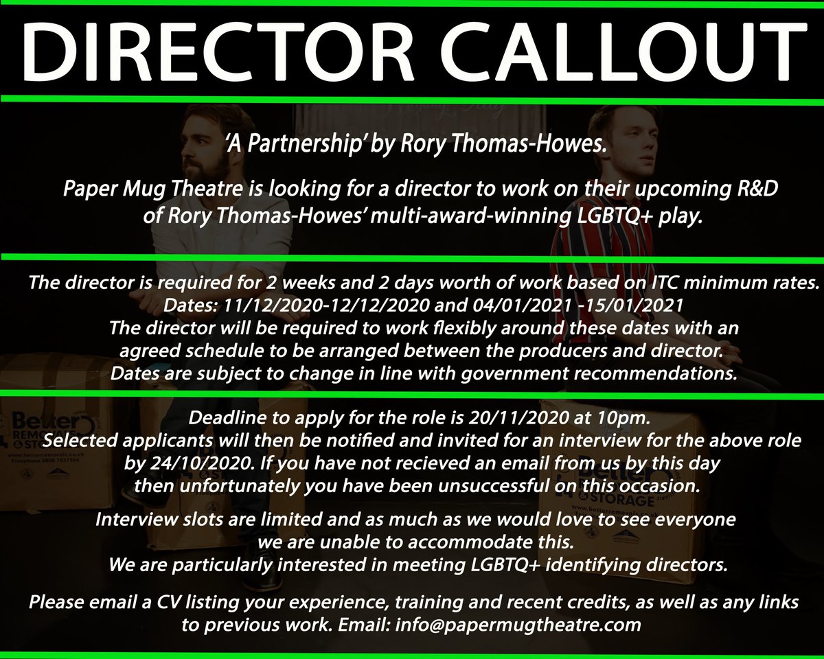 papermugtheatre's tweet photo. 🚨 🚨 Paper Mug Theatre are on the lookout for more creatives to work with - we’re looking for a smashing director to elevate our LGBT play ‘A Partnership.’ See below for more details! 🚨 🚨 
Please share to anyone you may know who might be suitable for the role! https://t.co/UAYOm0CvGl