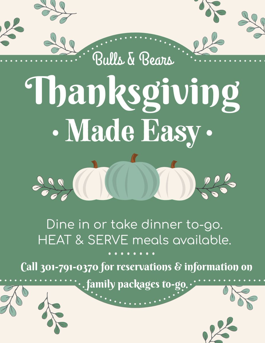We are offering a variety of different size meal packages for pick up on Thanksgiving eve to heat yourself. We will also be offering hot &amp; ready to-go meals on Thanksgiving day til 1pm. Call 301-791-0370 for details.