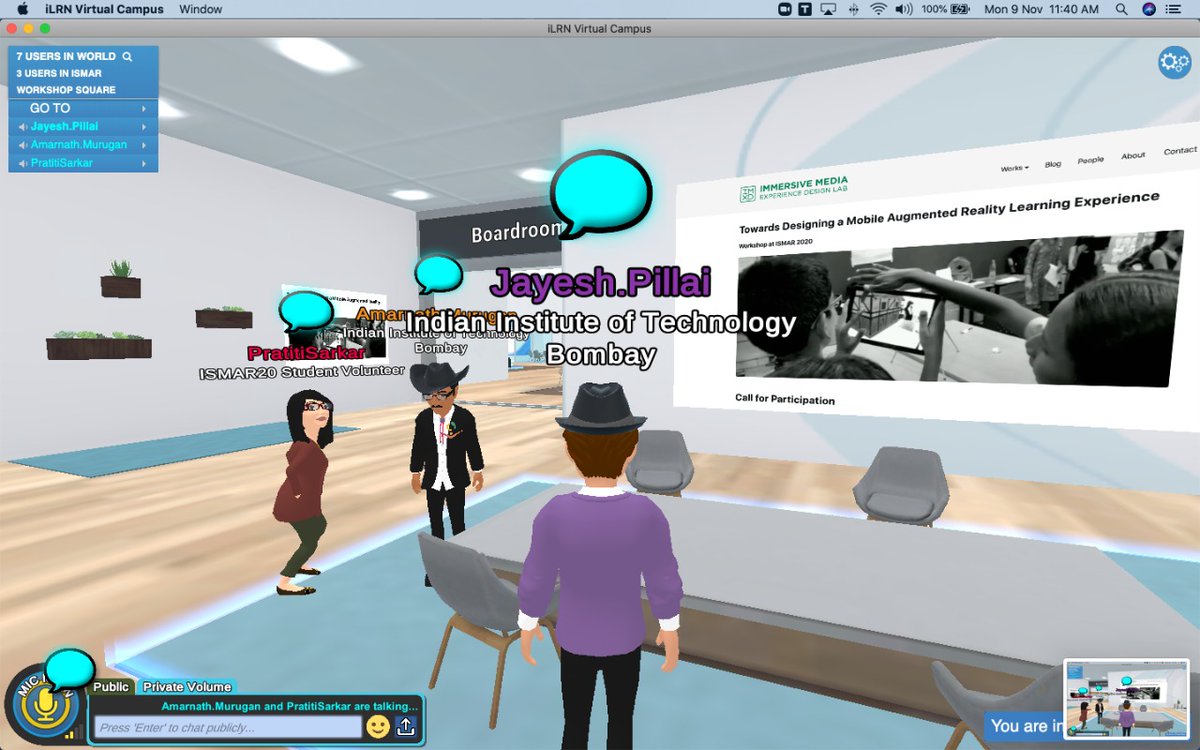 PratitiSarkar's tweet photo. Got to experience another platform at IEEE ISMAR 2020. We organized a workshop titled 'Towards Designing a Mobile Augmented Reality Learning Experience' and got to interact with the virtual avatars of the participants.
#ISMAR2020  #AugmentedReality #research #learning https://t.co/Q1K8EBqFT2