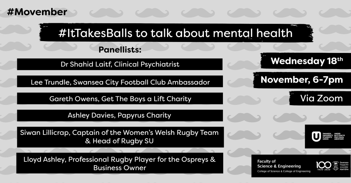 SwanseaUni's tweet photo. 💻 Join @SwanseaUniSU and the faculty of Science and Engineering alongside a number of panellists for a special webinar that focuses on mental health for Movember 2020. 
  
📅 18 November 
⏰ 6pm-7pm 
  
#ItTakesBalls 

👉 https://t.co/ecHrO4GZFv https://t.co/z6GclEftRN