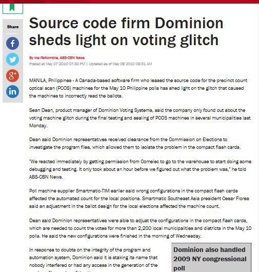 Dominion bought Sequoia and some of Diebold/Premier’s assets in 2010. Note the name of the Dominion spokesperson in this article.  http://news.abs-cbn.com/nation/05/07/10/source-code-firm-dominion-sheds-light-voting-glitch