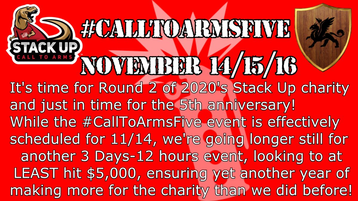 GryphonAMX's tweet photo. 24 hours from now, @StackUpDotOrg 's #CallToArmsV event will kick off, 10am to 10pm EST! We're going for $5K for the Saturday event, itself! Please like, retweet, tell your friends and family, and let's knock it out of the park yet again! https://t.co/7hUL8KkaWL