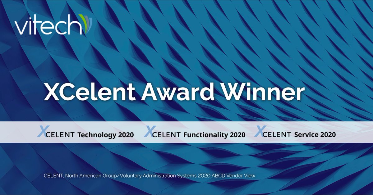 VitechSystems's tweet photo. Vitech received 3 #XCelent Awards in @Celent_Research’s Group/Voluntary Admin Systems 2020 report for Advanced Technology, Breadth of Functionality, and Depth of Service! Download the report to read how our V3locity software stands out in the field: https://t.co/4vthDdIbbC https://t.co/Lmc8ltAOeA