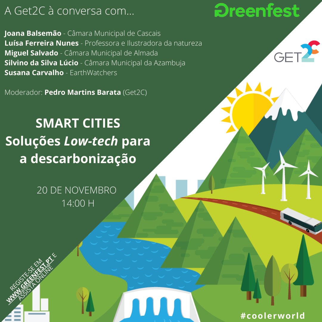 Get2CoolerWorld's tweet photo. No próximo dia 20 de novembro, às 14 horas, no @greenfestpt  a @GET2C_climate  vai estar à conversa sobre “Smart Cities - soluções low-tech para a descarbonização”. 
Registe-se em https://t.co/ZUZHpj6LPc
#coolerworld #greenfest #greenfest2020 #greenfestportugal https://t.co/YmbR2sCMTp