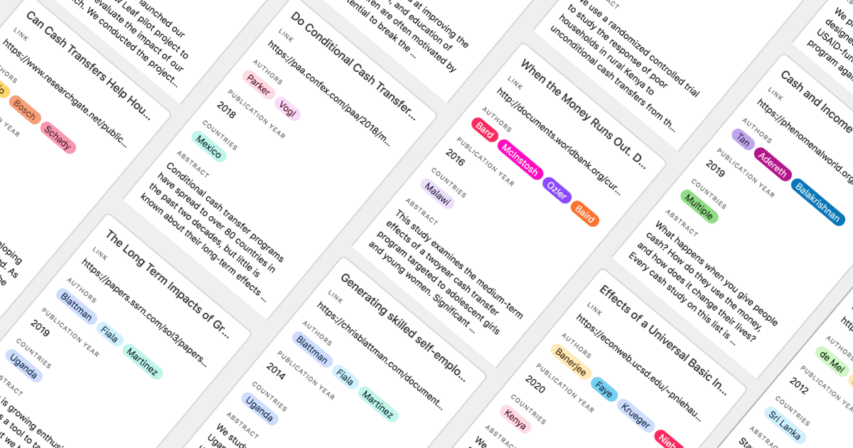 GiveDirectly's tweet photo. [Pilot launch] new Cash Research Explorer - a living database of 300+ studies on cash transfers from over 50 countries. Check it out (&amp; let us know what we’ve missed) here: https://t.co/JNZJbgpcDy https://t.co/pB5uBO4JHM