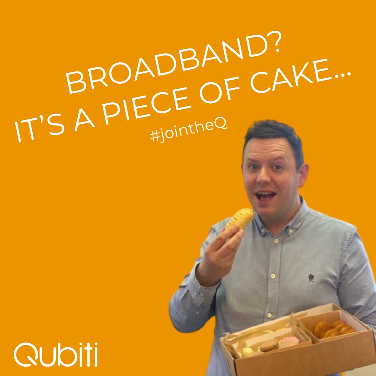 QubitiLtd's tweet photo. He's not @Plusnet Joe, but welcome to "Qubiti John"

We've launched our new "It's a piece of cake..." advertising campaign today.

Our first advert is for business broadband and we've got great prices from £19.95 ex. VAT per month.

For more info text JOINTHEQ on 88802

#jointheq https://t.co/H7mKGCGtXA