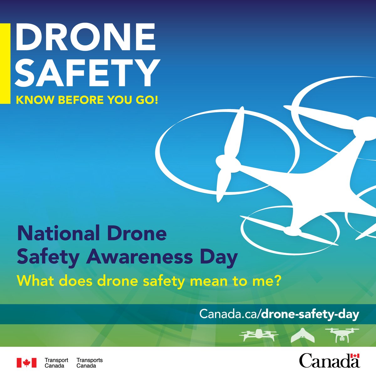 Do you have a drone safety success story to share? Today marks Transport Canada's inaugural National Drone Safety Awareness Day.  Check out their webinar series and participate in the Twitter chat today at 1pm ET.  bit.ly/3ne3ga6 
#DroneSafetyDay #drones <a href="/Transport_gc/">Transport Canada</a>