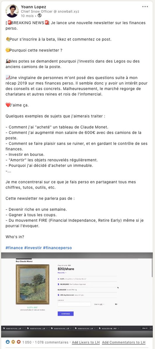  Late January 2020 I decide to publish a Linkedin post to share this newsletter idea (my Substack has not been created yet) in order to use it as a waiting list Signal: more than 1,000 likes and 1,000 comments Thought: the early signal is validated, the demand exists