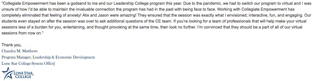 TonyDAngelo's tweet photo. These kinds of client testimonials from campus partners of @TheCEsquad bring joy to my heart and soul! ❤️ 

So many #CEpros doing Our Great Work in #HigherEd &amp; #StudentAffairs. 

Thank you @lonestarcollege for such a beautiful testimonial of @AlixCSpiegler  &amp; @jasonscottquinn 🙏🏼 https://t.co/PA9o41OoGP