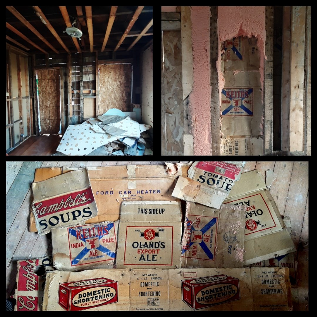 A little bit of #NovaScotiaHistory uncovered with the demo of a wall. The building of my little house started in 1938, and every inch is hoarding treasures...today brings <a href="/AlexanderKeiths/">Alexander Keith's</a> and #Olands. 
#FrameWorthy #RenovationFind