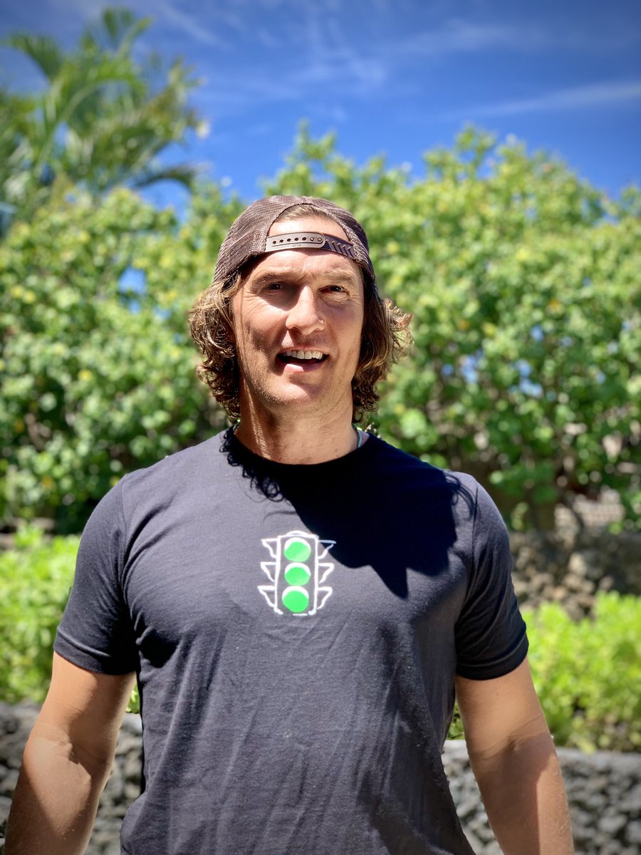 McConaughey's tweet photo. Consider this your personal “Greenlighter” gear, a reminder and inspiration to create greenlights in this life for yourself and others, so we can all get lit and just keep livin. get your gear now at https://t.co/uu9kQnCmIt #greenlightsbook https://t.co/a5RmTC7iTg
