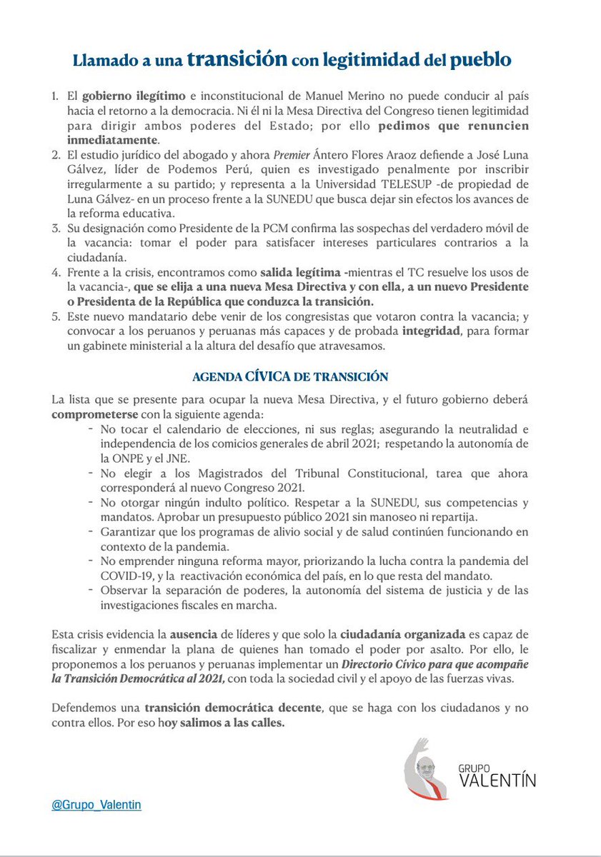 edyerc's tweet photo. @CarlosCaroCoria Hola Carlos, acá una salida a la crisis con propuestas aterrizadas del @Grupo_Valentin:

1) Renuncia de Merino y MD del Congreso.

2) Elección de un gobierno de transición entre quienes votaron "NO" a la vacancia.

5) Agenda cívica de 6 puntos. https://t.co/oQe14XaAeJ