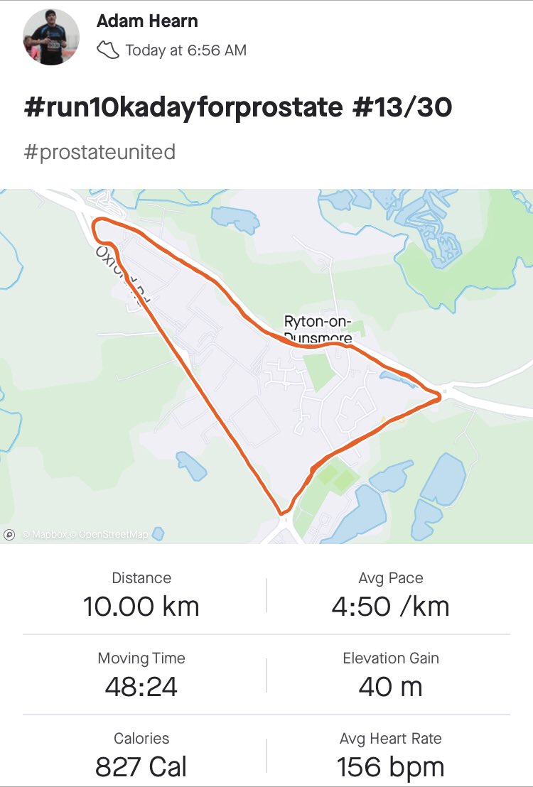 apmHearn's tweet photo. ✅ Day 13/30 - 48:24
Steady solo run in auto-pilot ended with a fast km
Please join us @prostateunited and support @ProstateUK by donating: https://t.co/EmpPmuKqaW
#run10kadayforprostate https://t.co/RswY09akGe