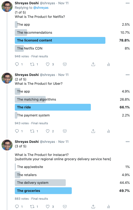 My answers for the quiz:The Product for Netflix = the ContentUber = the RideInstacart = the GroceriesMost folks got these right.