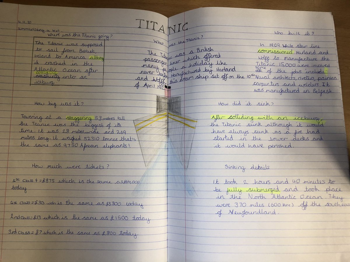 ChagallClass's tweet image. We’ve been so enthusiastic about our English Unit linked to Titanic. We’ve created these beautiful double page spreads with lots of facts about the Titanic. 🚢