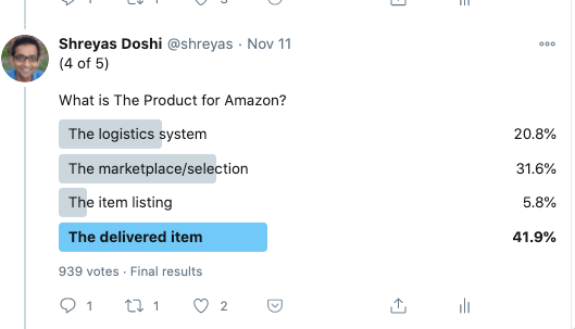The Product for Amazon, sure, the Delivered Item. But with the relatively consistent expectations across major retailers that items are rarely delivered damaged & they are very rarely scammy, the Marketplace/Selection & the Logistics are increasingly The Product for Amazon.