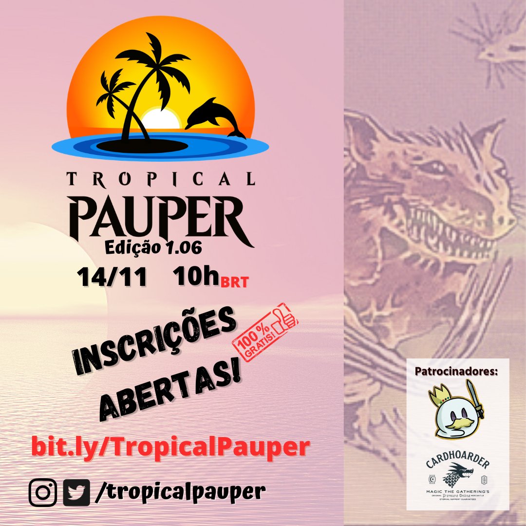 Estão abertas as inscrições para nosso torneio semanal! Acorda cedo aí filho e corra para essa sábado animado! #MTGPauper #TropicalPauper