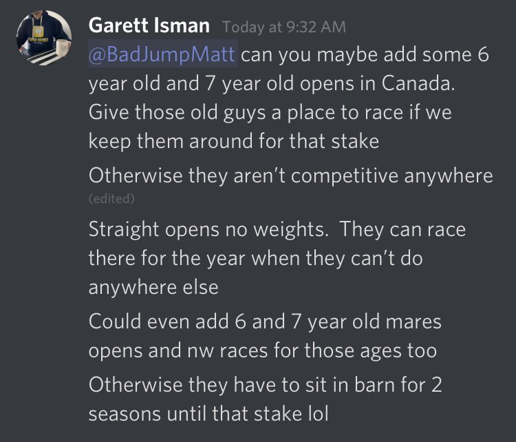 GarettIsman's tweet photo. @TurfDynasty I sent you a message on discord Matt I will screenshot it here.  I think it’s important to add classes for ages 6 and 7 to keep these horses around https://t.co/Fls67tn460