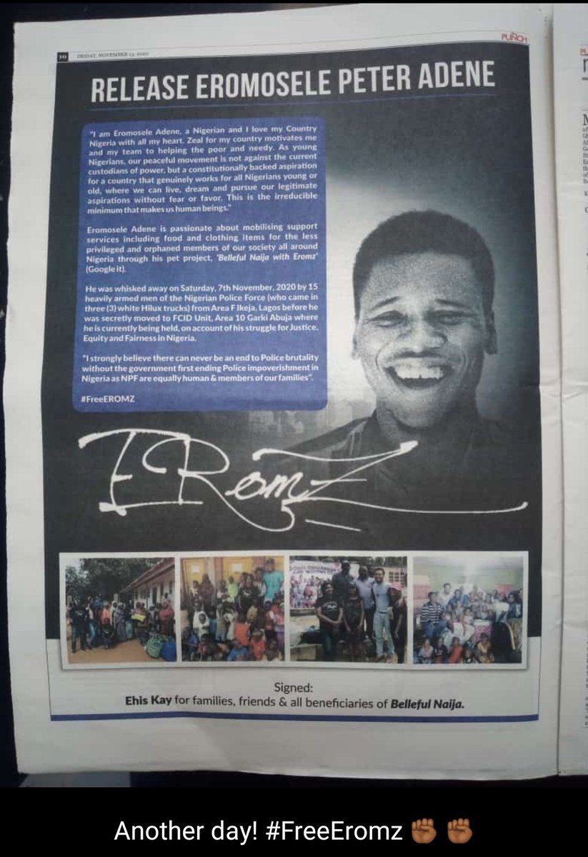 petra_de_rock's tweet photo. My #Twirra peeps, tomorrow 14/7/20 makes it seven nights in police custody for joining peaceful protests. He's been sleeping on the floor and eating God know what! Please can we all keep tweeting &amp; retweeting until #FreeEromz trends again. It could be either of us next! #EndSARS https://t.co/cwXrkwDPHT