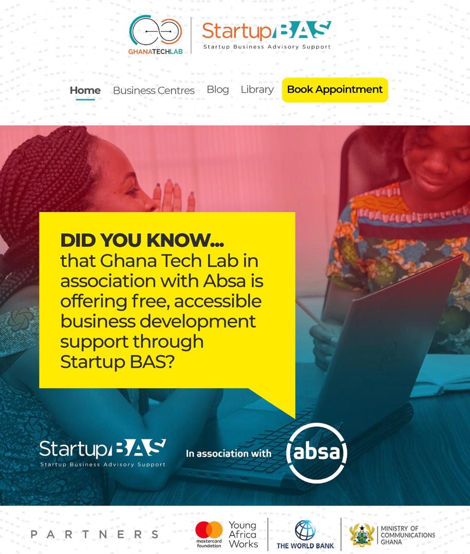 AbsaGhana's tweet photo. As part of our commitment to start-ups, we are partnering with Ghana Tech Lab to offer free, accessible business development support.
Join @startupbas_ live on Zoom at 4p.m for more information and to participate. #StartUpWithAbsa https://t.co/Ve1OGH6mIR