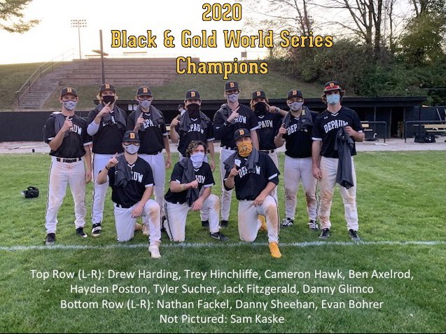 DePauwBaseball's tweet photo. Your 2020 Black &amp; Gold World Series Champions! #teamdepauw #MasksOn https://t.co/frRmuMxYY7