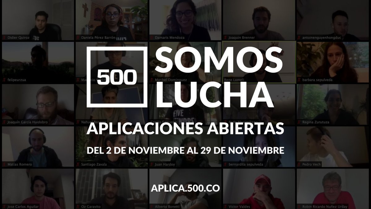 Atención📣Convocatoria abierta de 500 Startups Latam! 
Aplicá al programa "Somos Lucha". 
Se invertirán $60,000 dólares y 16 semanas de trabajo para potenciar el crecimiento de tu Startup 🚀

+ Info ➡ aplica.500latam.co

Fecha límite 29 de Noviembre